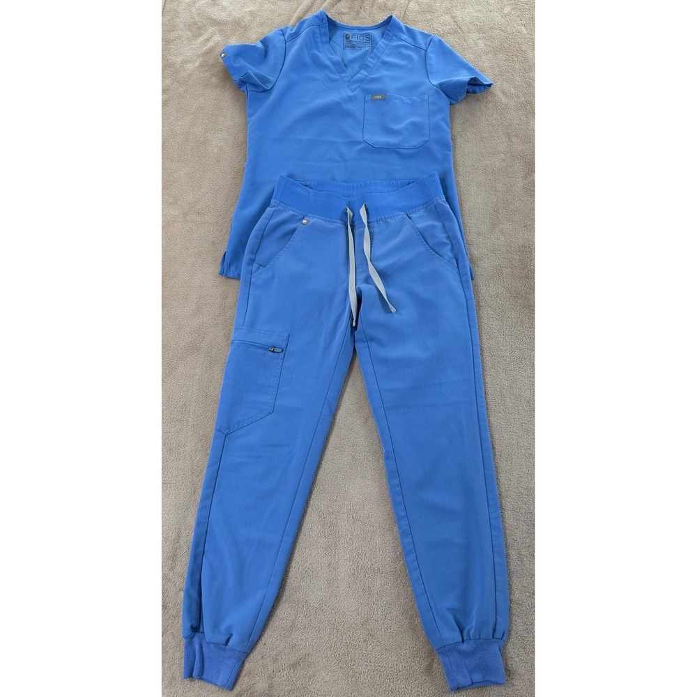 FIGS Scrub Set Women Catarina 2XS Top Blue, 2XS Petite Zamora Jogger Pants EUC